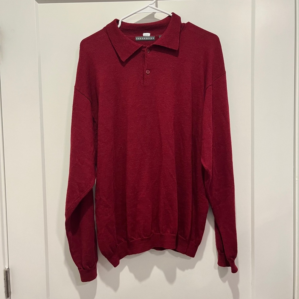 Consensus Mens Merino Wool Long Sleeve Polo Sweater Burgundy‎ Red Made in UK L